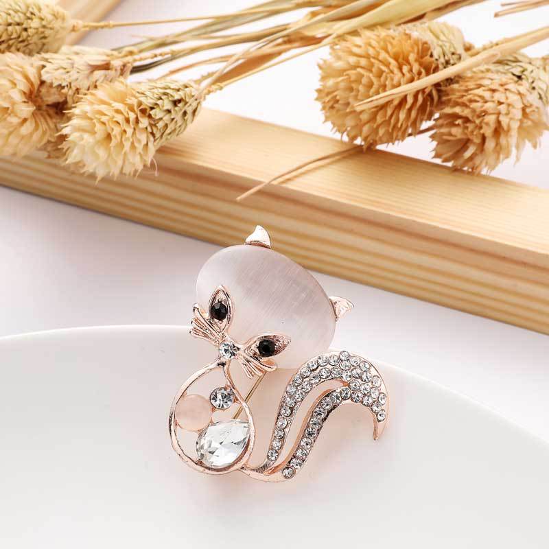 Katzenbrosche, niedliche Tier-Fuchsbrosche, Kristall-Opal-Brosche