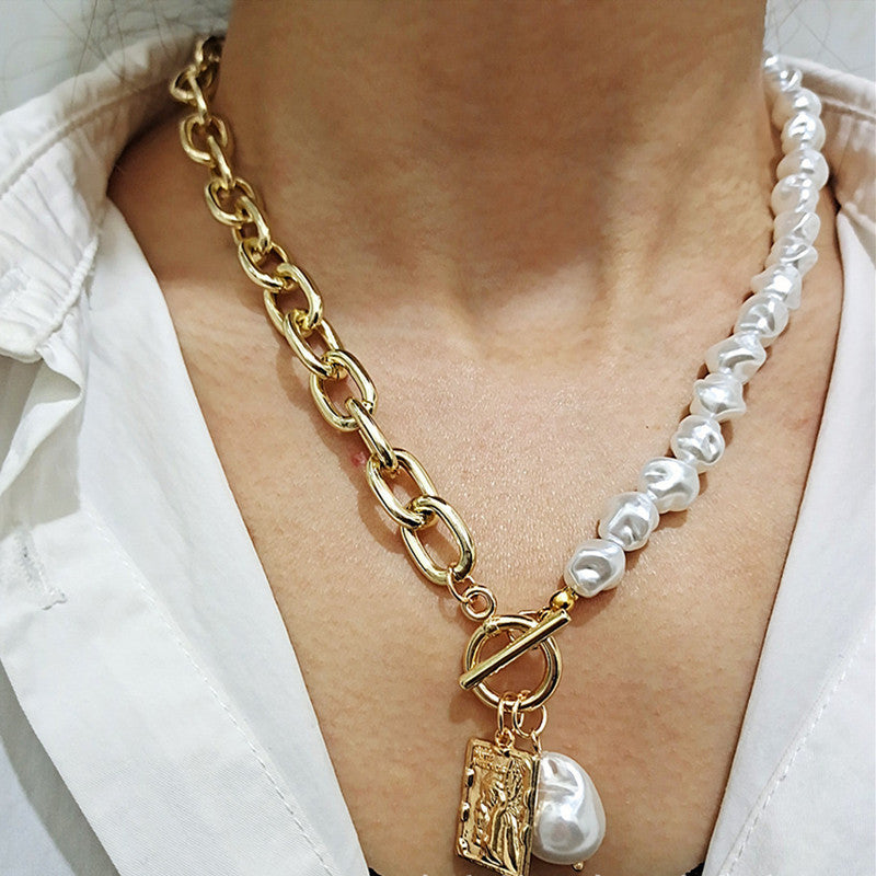 Necklace Pendant Lock-Chains Punk Jewelry Irregular Pearl