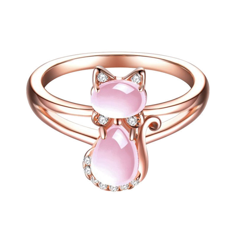 Roségold plattierter Kristall Süßer Tier Katze Ring Hibiskus Stein Kristall Diamant Ring Damen Party Schmuck für Tierliebhaber