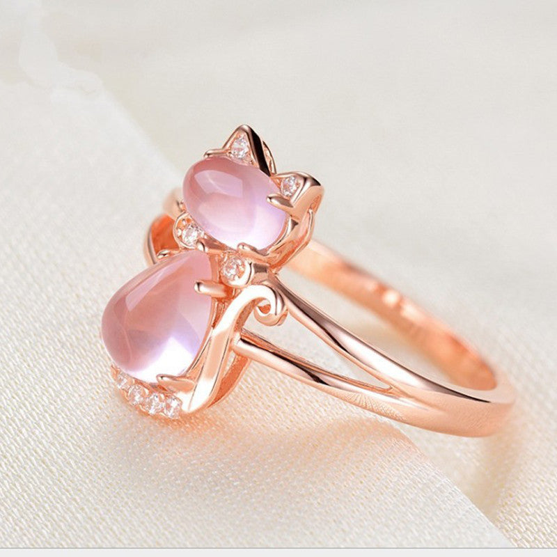 Roségold plattierter Kristall Süßer Tier Katze Ring Hibiskus Stein Kristall Diamant Ring Damen Party Schmuck für Tierliebhaber