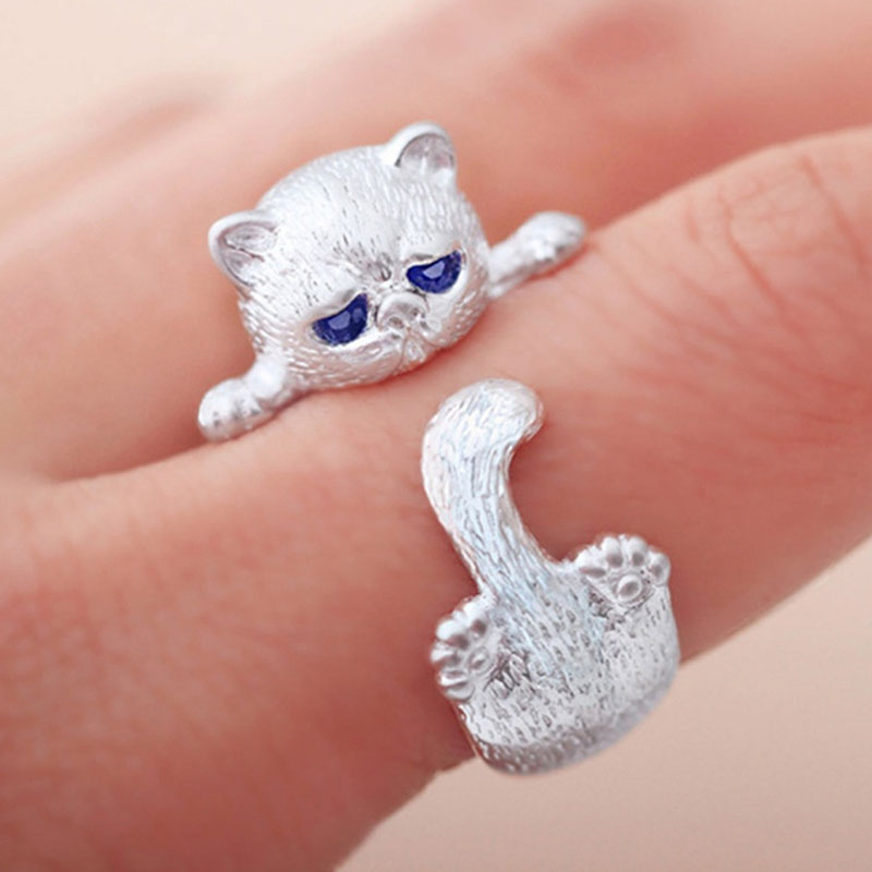 Niedlicher Katzenring Schlichter offener Ring Modeschmuck Geschenke Blaue Augen Haustierringe Ring für Männer Frauen Tierliebhaber