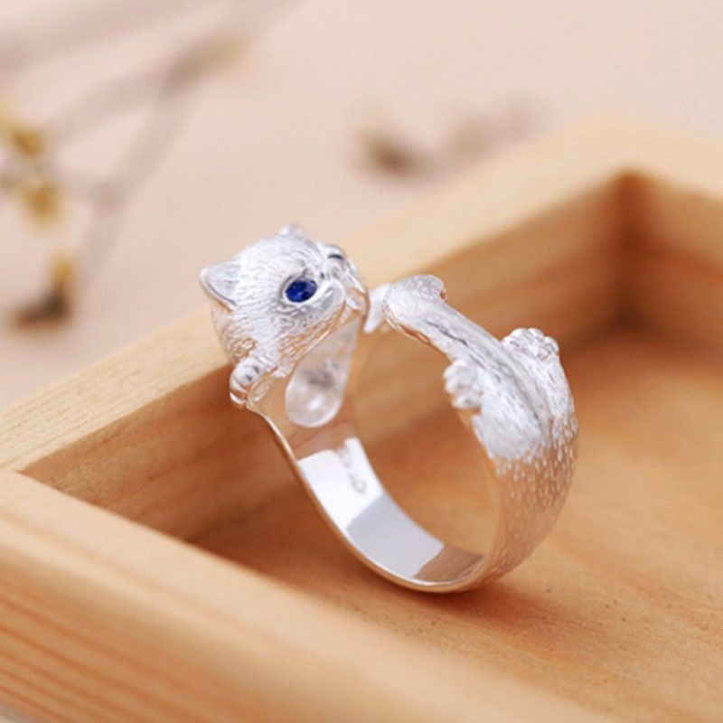 Niedlicher Katzenring Schlichter offener Ring Modeschmuck Geschenke Blaue Augen Haustierringe Ring für Männer Frauen Tierliebhaber