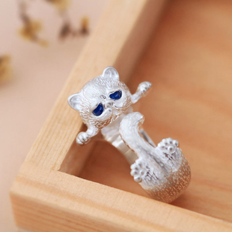 Niedlicher Katzenring Schlichter offener Ring Modeschmuck Geschenke Blaue Augen Haustierringe Ring für Männer Frauen Tierliebhaber