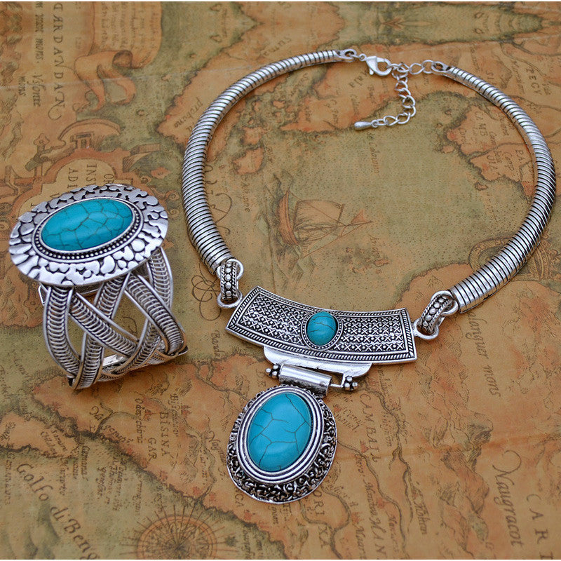 Retro Türkis Schmuck im Ethno-Stil Halskette Ohrringe Ring Armband Kombination Set
