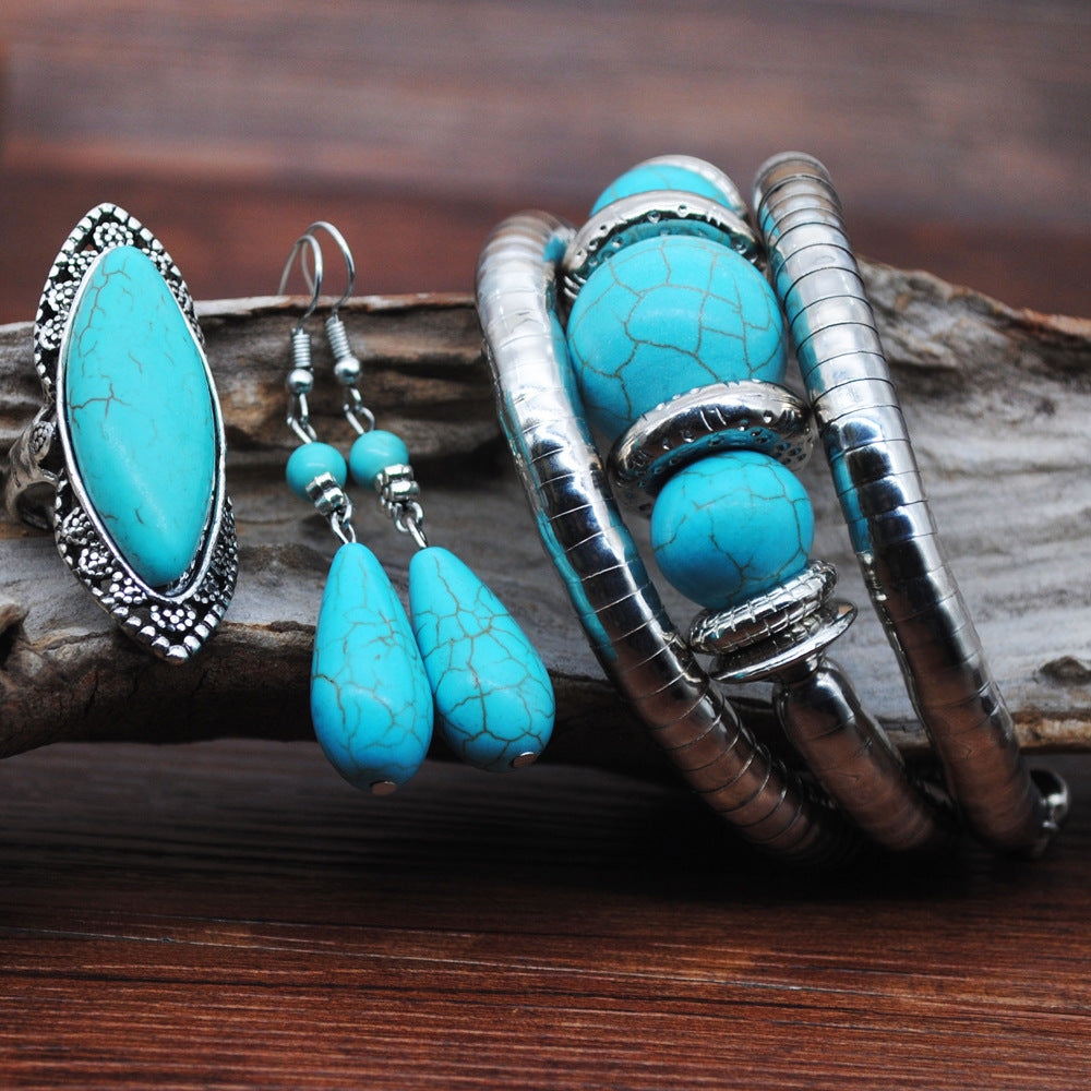 Retro Türkis Schmuck im Ethno-Stil Halskette Ohrringe Ring Armband Kombination Set