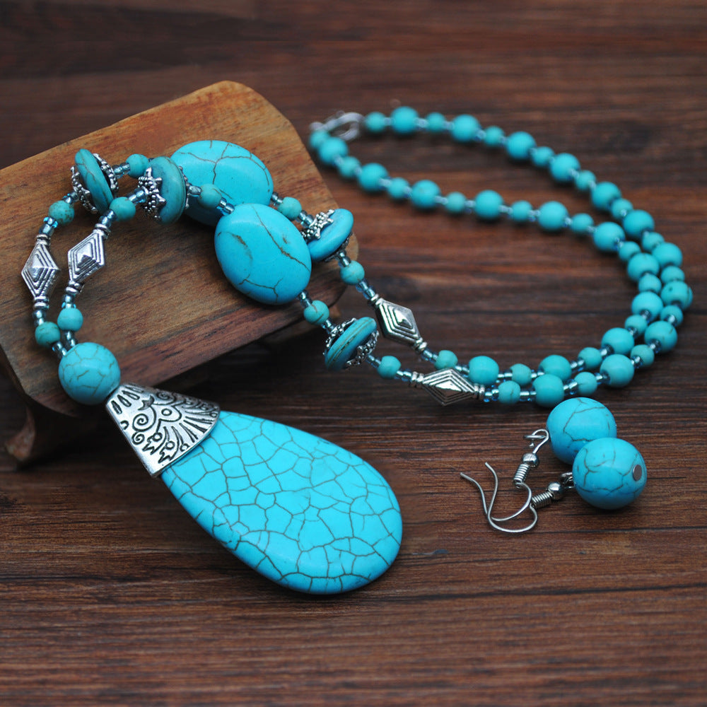 Retro Türkis Schmuck im Ethno-Stil Halskette Ohrringe Ring Armband Kombination Set