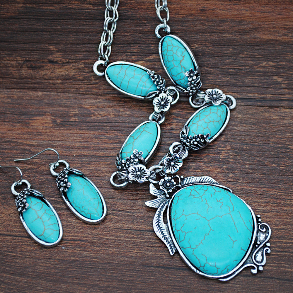Retro Türkis Schmuck im Ethno-Stil Halskette Ohrringe Ring Armband Kombination Set