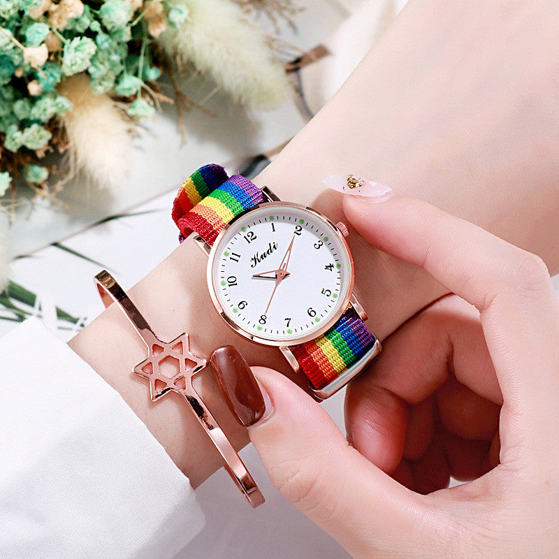 Reloj luminoso de cielo estrellado para mujer, informal, con lona de arcoíris