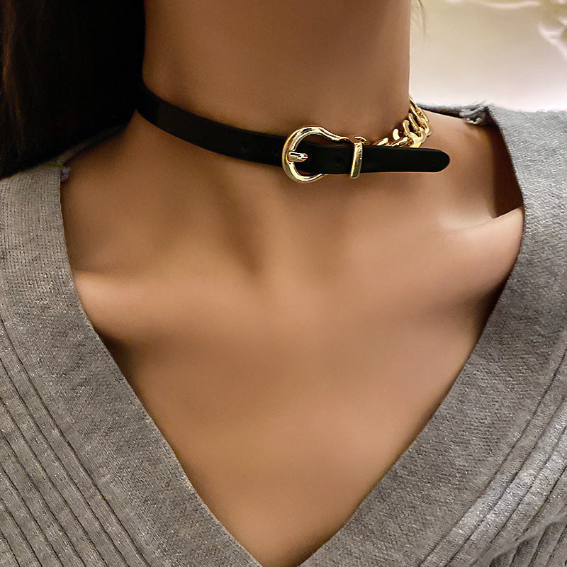 FYUAN Goldkette Choker Halsketten für Damen Kurze schwarze Lederknopfhalsketten Statement-Schmuck