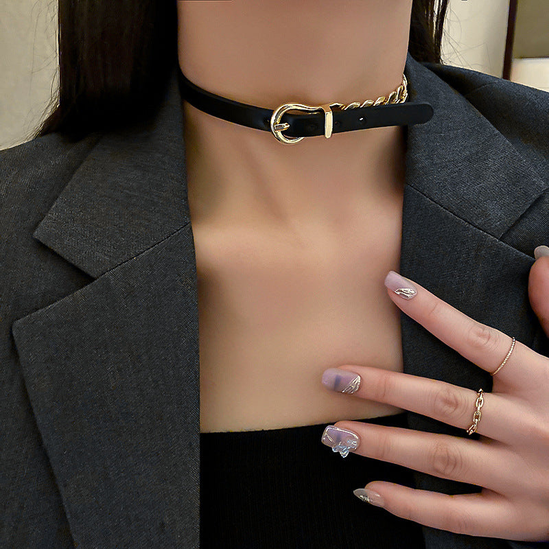 FYUAN Goldkette Choker Halsketten für Damen Kurze schwarze Lederknopfhalsketten Statement-Schmuck
