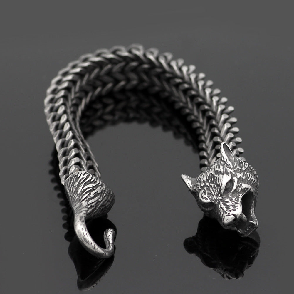 Armband Herren Edelstahl Vintage Schwarz Wolfskopf Kubanische Kette Handgelenk Armreif Männlicher Modeschmuck Großhandel Zubehör Geschenke