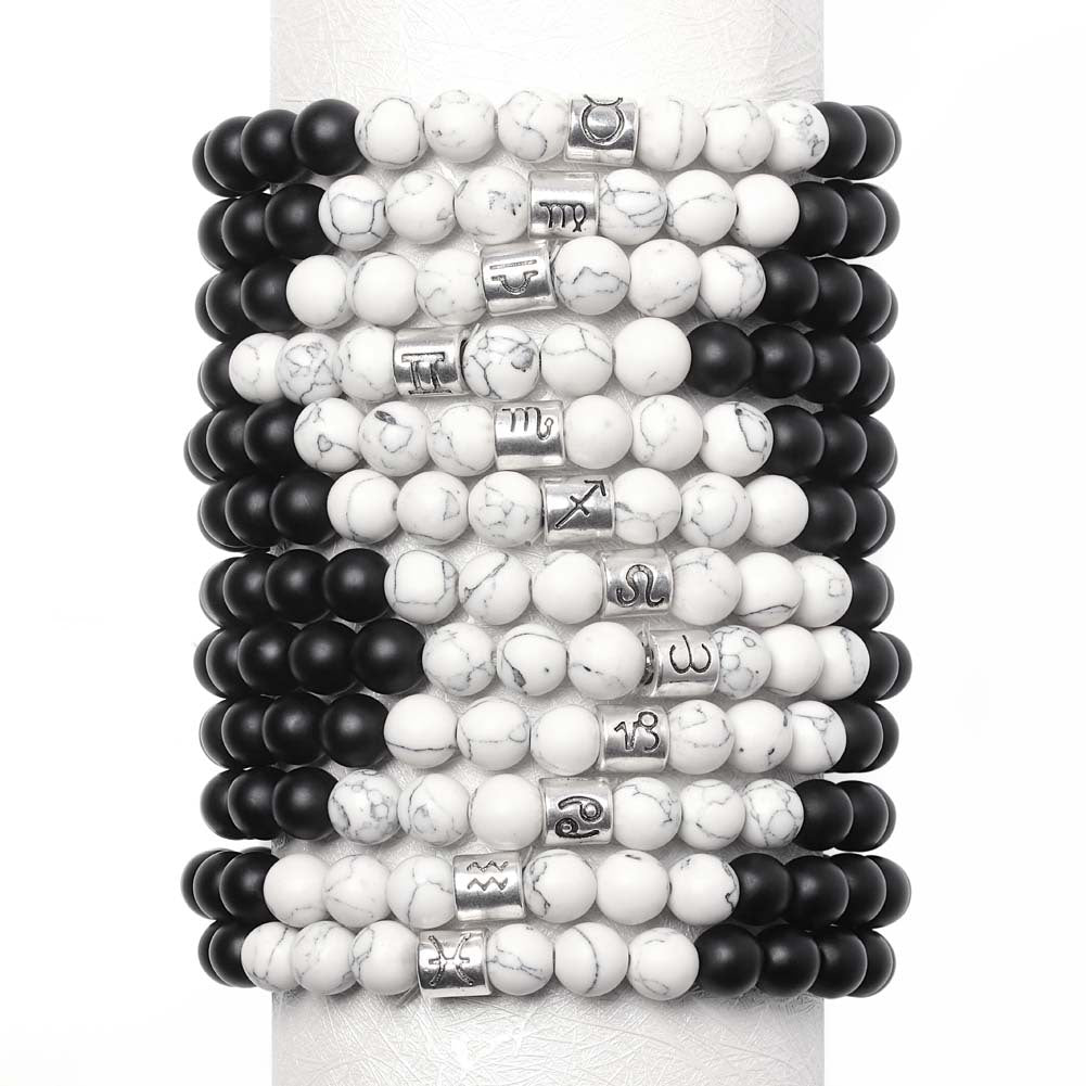 Armbänder für Paare aus gefrostetem schwarzem Achat und weißer Türkis, Perlenarmbänder für Damen und Herren, 12 Sternzeichen-Perlenarmbänder