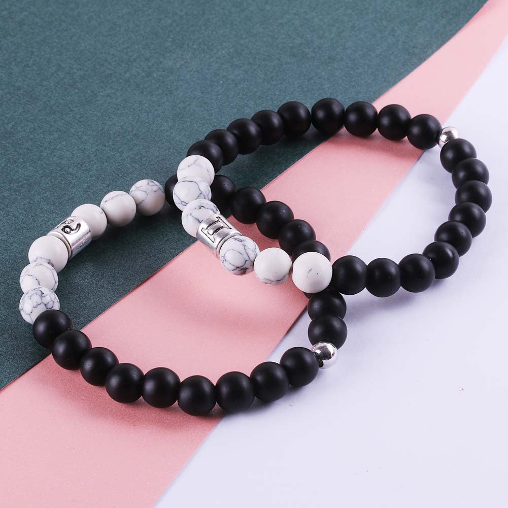 Armbänder für Paare aus gefrostetem schwarzem Achat und weißer Türkis, Perlenarmbänder für Damen und Herren, 12 Sternzeichen-Perlenarmbänder