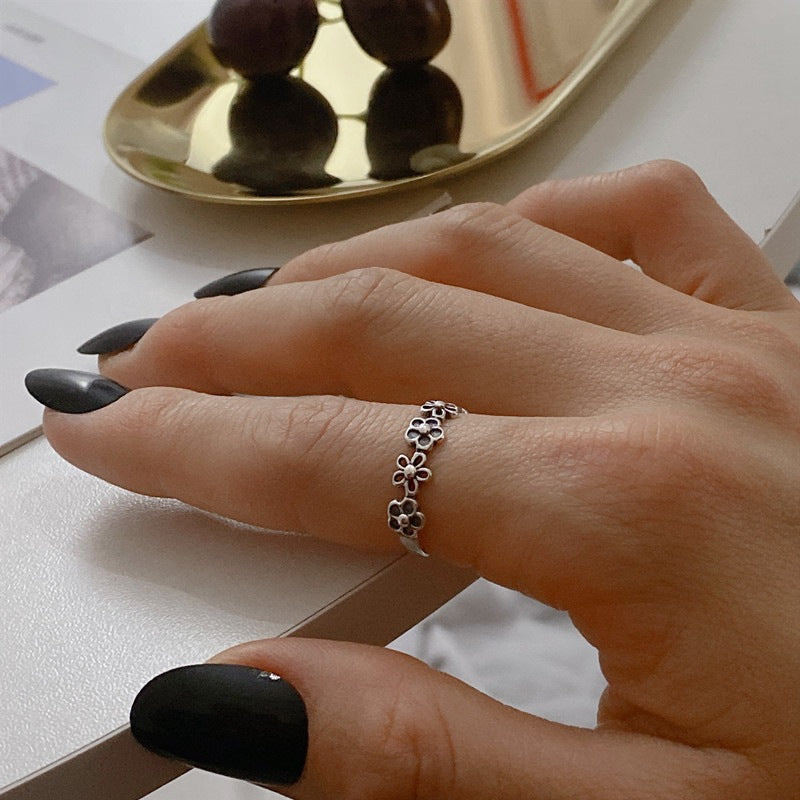 Anillo de plata de ley S925, hueco, con diseño de flor, moderno, sencillo y ajustable con diamante