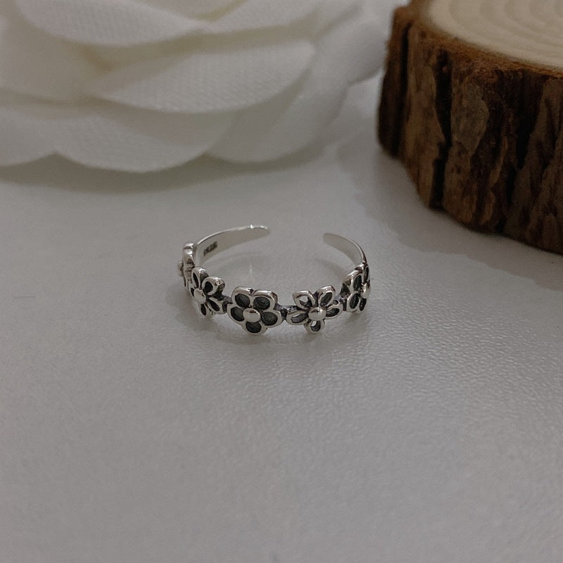 Anillo de plata de ley S925, hueco, con diseño de flor, moderno, sencillo y ajustable con diamante