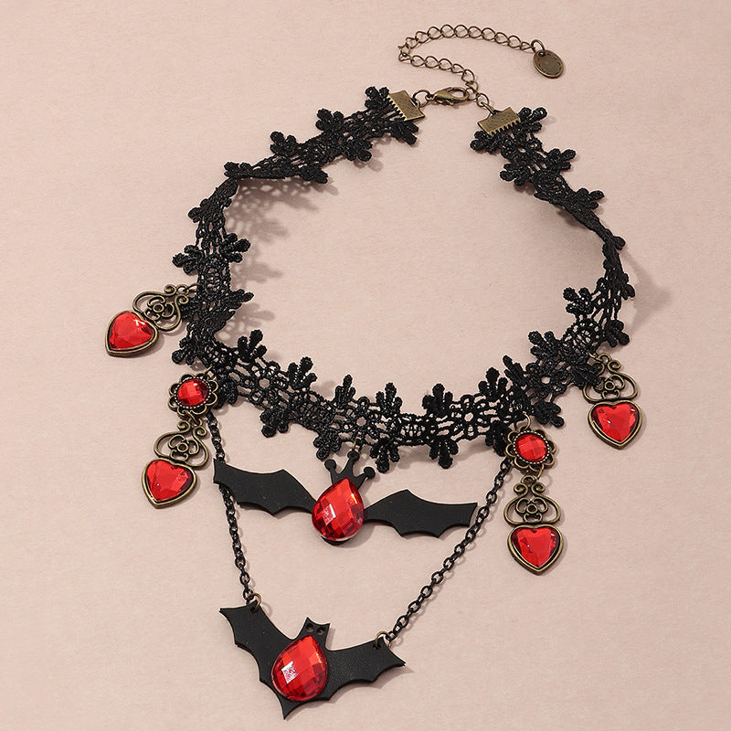 Gothic Schmuck Rote Fledermaus Halloween Halskette Spitze Choker Halskette für Damen Nightmare Before Christmas Schwarze Layered Halskette