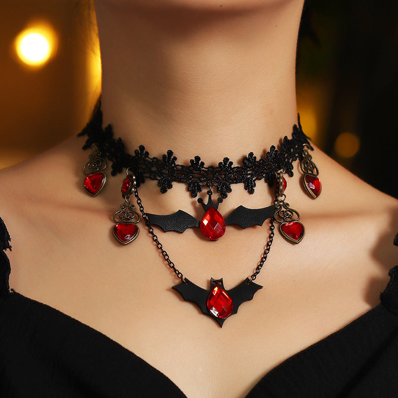 Gothic Schmuck Rote Fledermaus Halloween Halskette Spitze Choker Halskette für Damen Nightmare Before Christmas Schwarze Layered Halskette