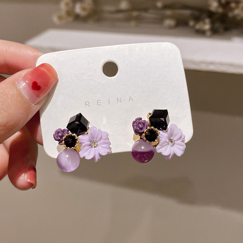 Aretes de flor de cristal ojo de gato diamante estilo coreano "Puerta del Este"