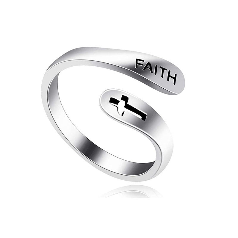 Anillo Ajustable Vintage Fe Letras Cruz Apertura Anillos Ajustables Para Mujeres Hombres Joyería Cristiana Regalo