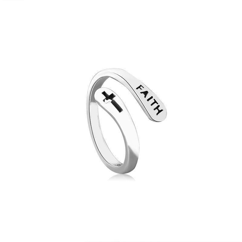 Anillo Ajustable Vintage Fe Letras Cruz Apertura Anillos Ajustables Para Mujeres Hombres Joyería Cristiana Regalo