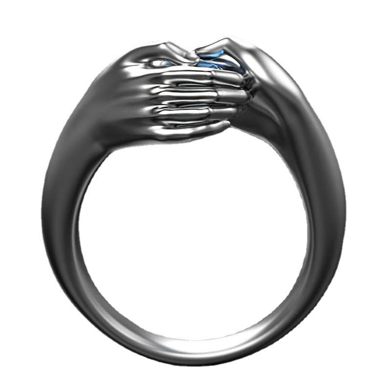 Manos Exquisitas Abrazan Anillo de Zirconia de Cristal Azul Elegante Anillo de Boda de Plata para Mujer Anillo de Compromiso Moda Joyería de Amor Regalo