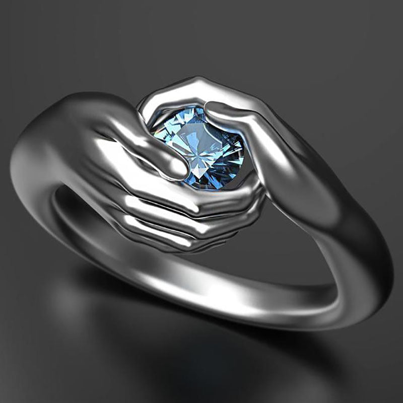 Manos Exquisitas Abrazan Anillo de Zirconia de Cristal Azul Elegante Anillo de Boda de Plata para Mujer Anillo de Compromiso Moda Joyería de Amor Regalo