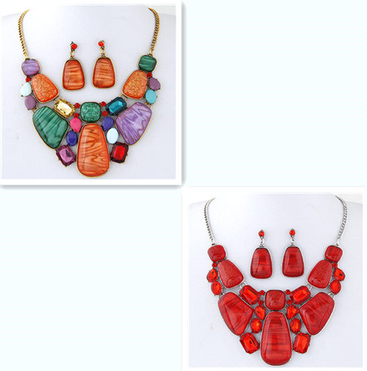 Geometrische Edelstein-Diamant-Halskette Ohrringe Vintage Übertriebene Schlüsselbeinkette Set