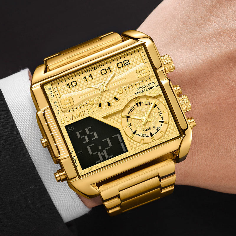 BOAMIGO Neue Top-Marke Luxus Mode Herrenuhren Gold Edelstahl Sport Quadratisch Digital Analog Große Quarzuhr für Herren