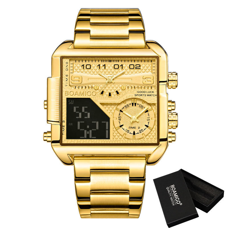 BOAMIGO Neue Top-Marke Luxus Mode Herrenuhren Gold Edelstahl Sport Quadratisch Digital Analog Große Quarzuhr für Herren