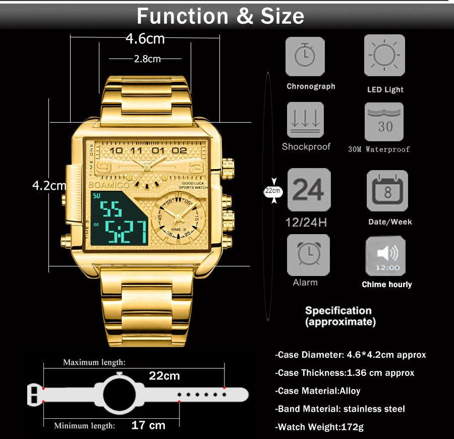 BOAMIGO Neue Top-Marke Luxus Mode Herrenuhren Gold Edelstahl Sport Quadratisch Digital Analog Große Quarzuhr für Herren