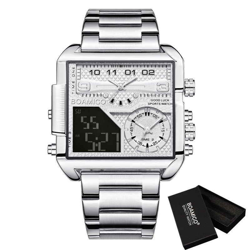 BOAMIGO Neue Top-Marke Luxus Mode Herrenuhren Gold Edelstahl Sport Quadratisch Digital Analog Große Quarzuhr für Herren