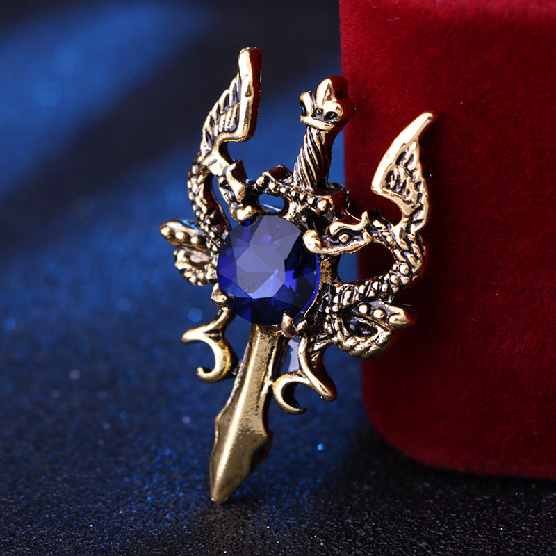 Broche de espada de doble dragón retro europeo y americano