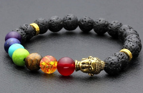 Schmuck Accessoires 8mm Sieben Chakra Yoga Vulkanstein Buddha Kopf Armband