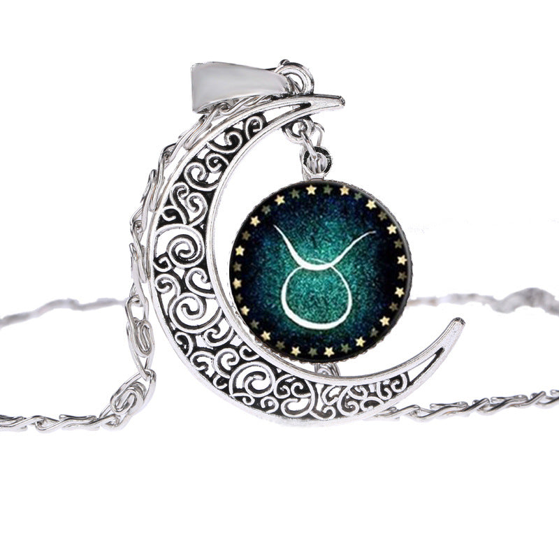 Vintage Schmuck Silberfarben mit Sternzeichen Glas Cabochon Choker Halbmond Anhänger Lange Halskette für Damen Weihnachtsgeschenk
