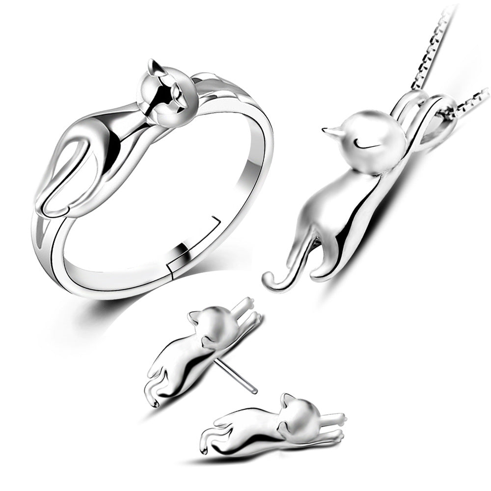 Niedliches Katzen-Schmuckset - Ring - Ohrringe - Halskette