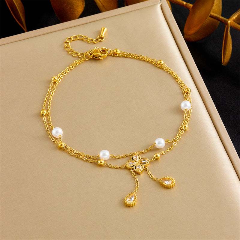 Tobillera de perlas con flor de diamante y doble capa de diamantes gemelos a la moda