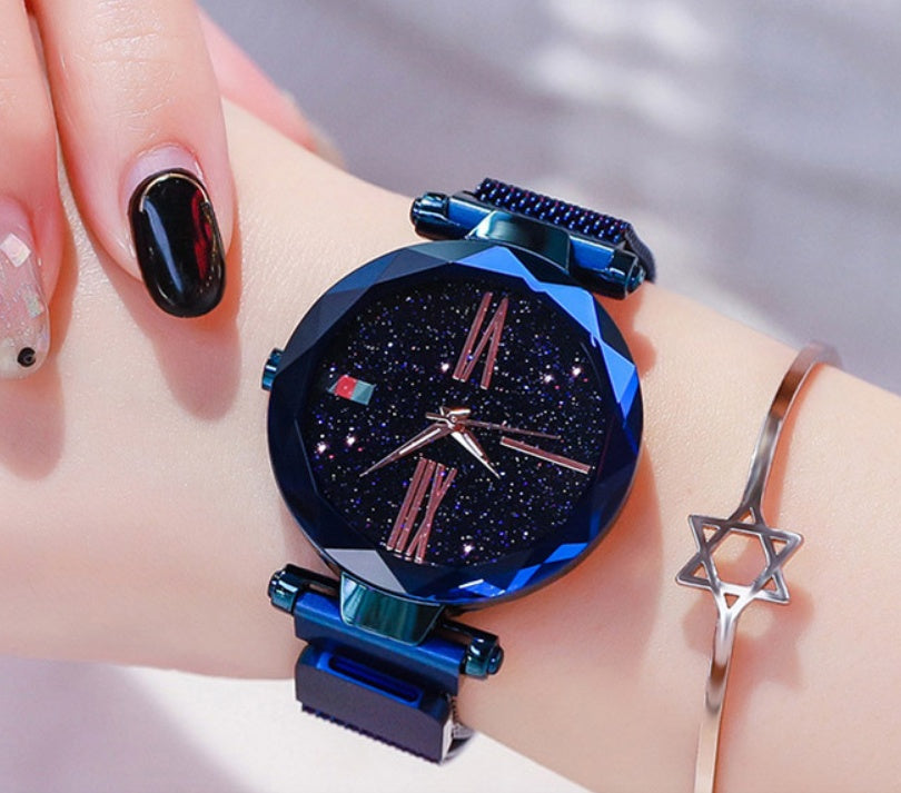 Reloj de mujer de cielo estrellado con correa de malla magnética y cuarzo de diamantes