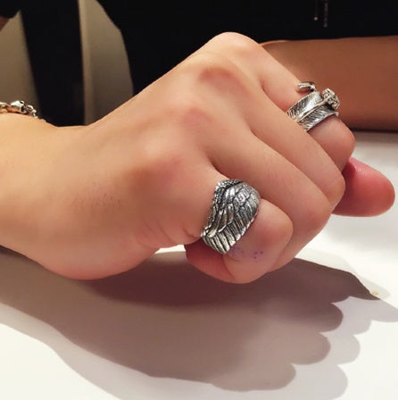 S925 Silber Herrenring Verstellbar Adlerflügel Feder Retro Schwarz Punk Biker Herrenringe Damen Sterling Silber Schmuck