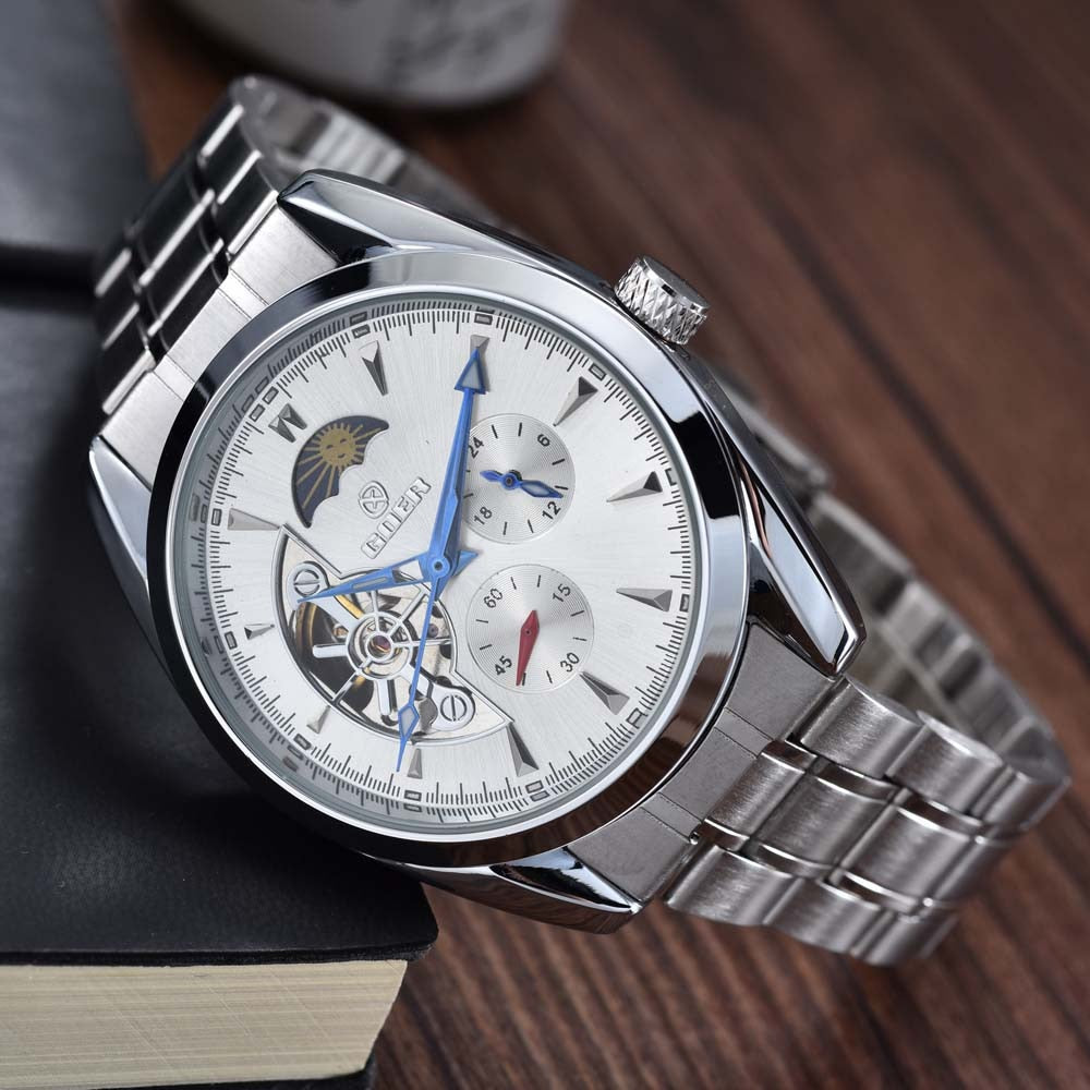 Herrenuhr Tourbillon Uhren Edelstahlarmband Automatische Mechanische Armbanduhren Mondphase Kleine Sekunde Uhr