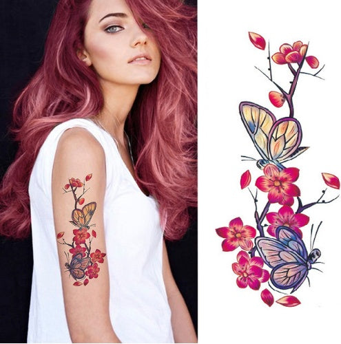 Pegatina de tatuaje de flores, boceto a color, pegatina de tatuaje de flores, peonías, rosas, ciruelos, pegatina de tatuaje