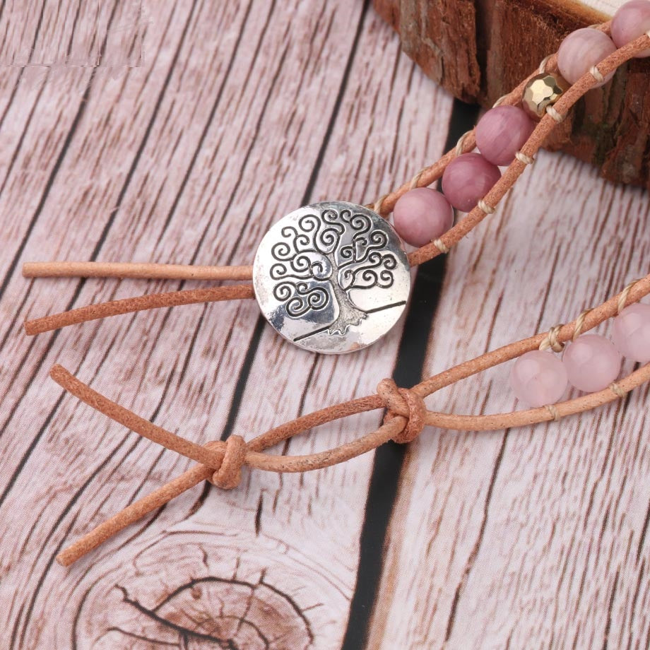 Pulsera de Piedra Natural Pulseras de Cuarzo de Cuero para Mujer con Cuentas de Piedras Preciosas Rosas Joyería 5 Hilos