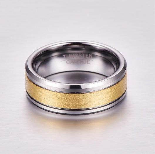 Herren 8mm Goldfarben gebürstet in der Mitte, zwei Rillen, Wolframcarbid-Eheringe, abgeschrägte Kante