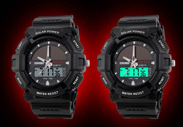 Uhr Schönheit Persönlichkeit Solaruhr Mode Elektronische Dual-Display Wasserdichte Outdoor-Sport-Herrenuhr Studenten-Uhr