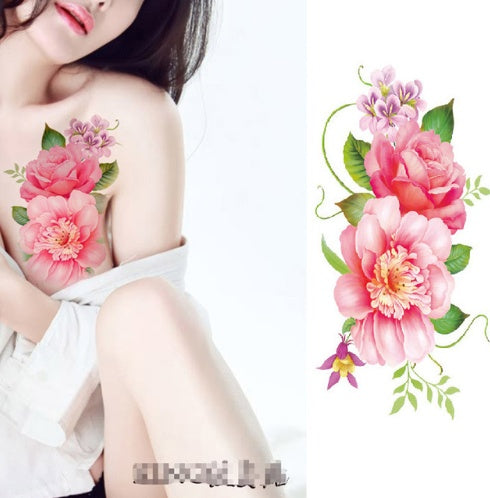 Pegatina de tatuaje de flores, boceto a color, pegatina de tatuaje de flores, peonías, rosas, ciruelos, pegatina de tatuaje