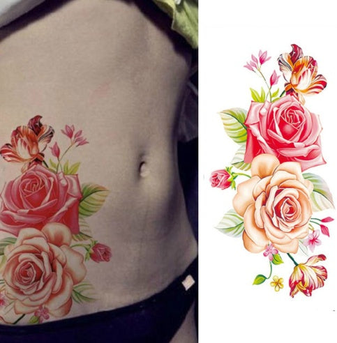 Pegatina de tatuaje de flores, boceto a color, pegatina de tatuaje de flores, peonías, rosas, ciruelos, pegatina de tatuaje