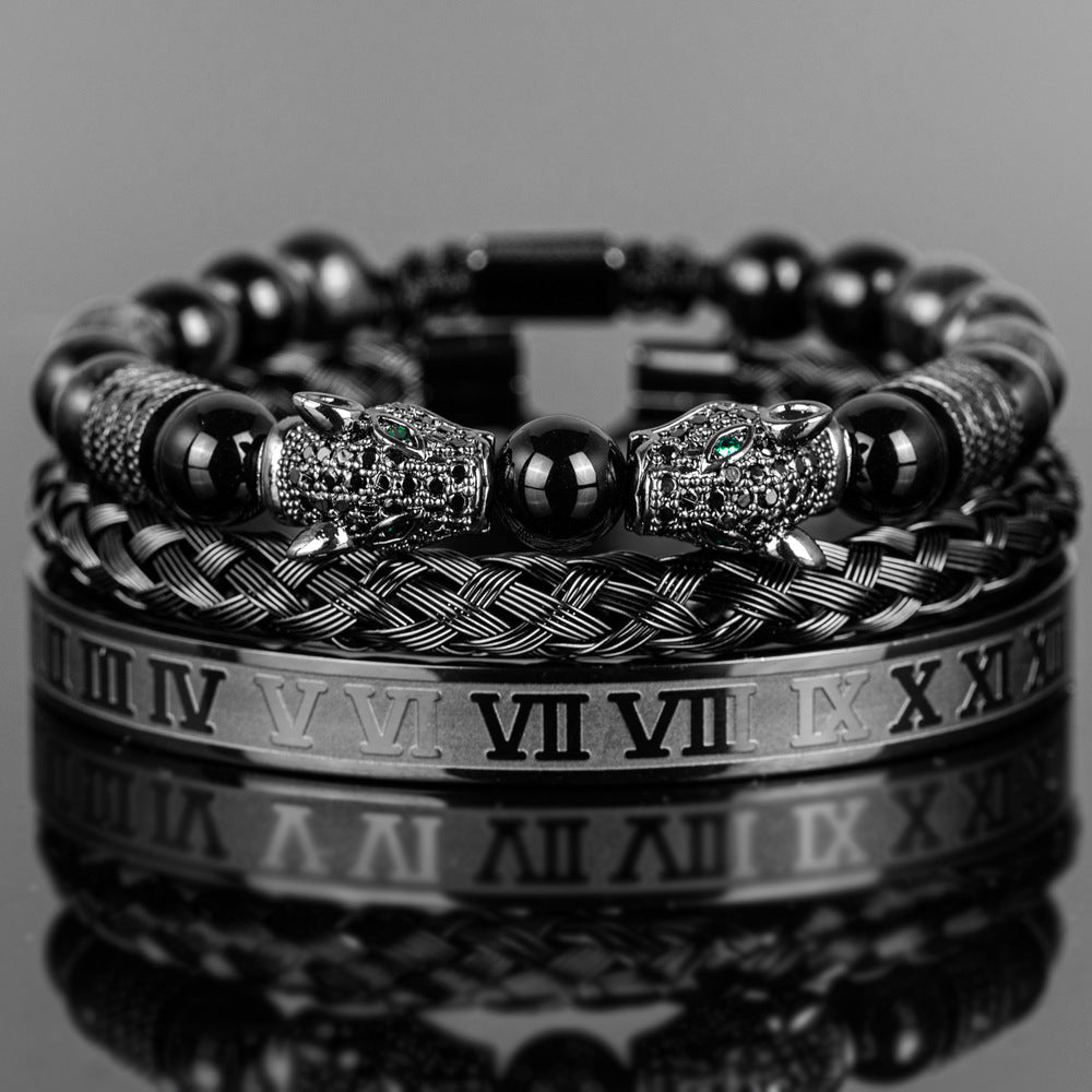 Herrenarmband-Set aus geflochtenem Edelstahl mit Doppel-Leopardkopf und römischen Ziffern, schwarz