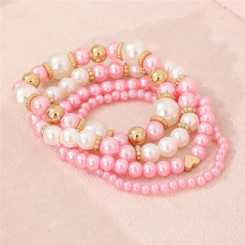 4pcs Set Simple White Faux Pearls Beads Beaded Heart Temperament Bracelet Set Elegant Handmade Hand String Jewelry Accessory