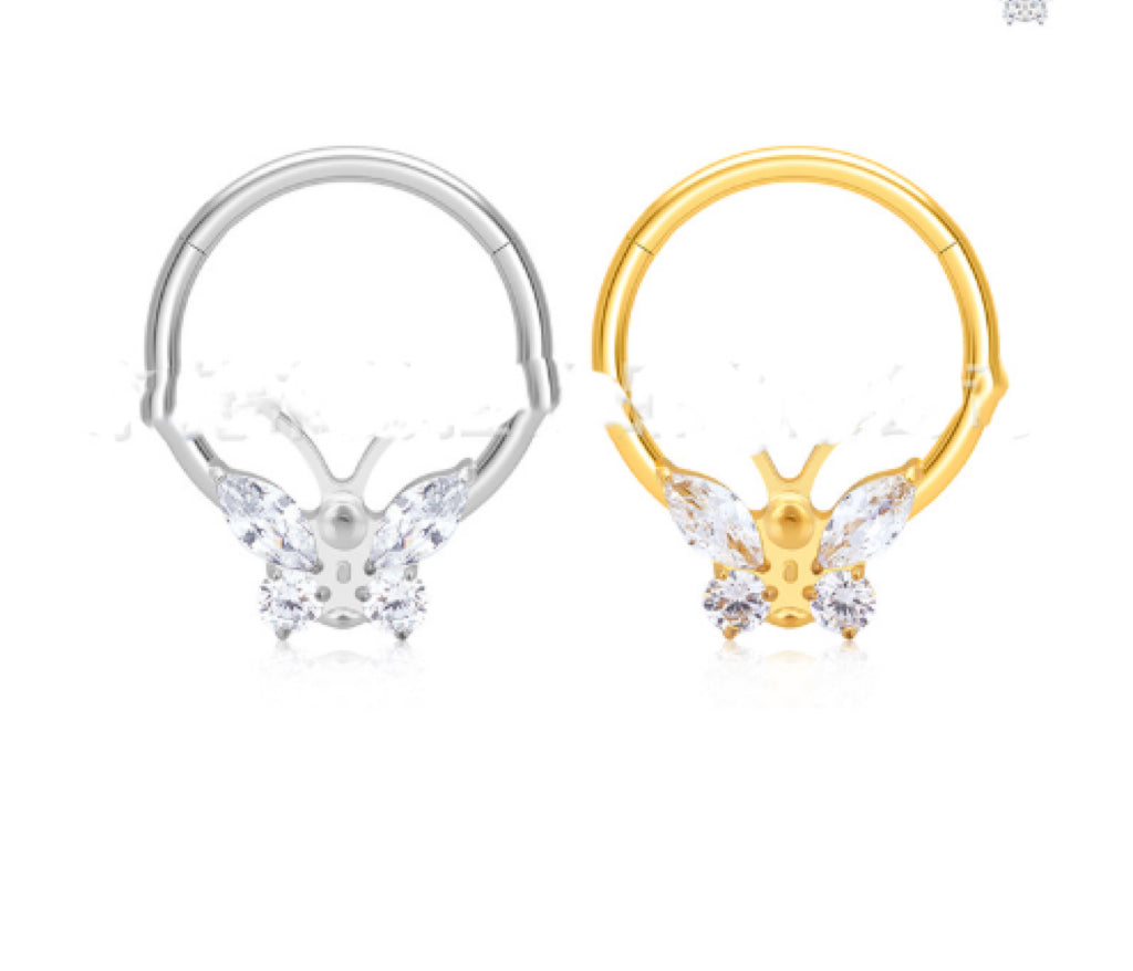 Pendiente de nariz con anillo cerrado con incrustaciones de mariposa de circonita de moda, pendientes de tuerca, aleación de titanio, accesorios para perforaciones corporales.