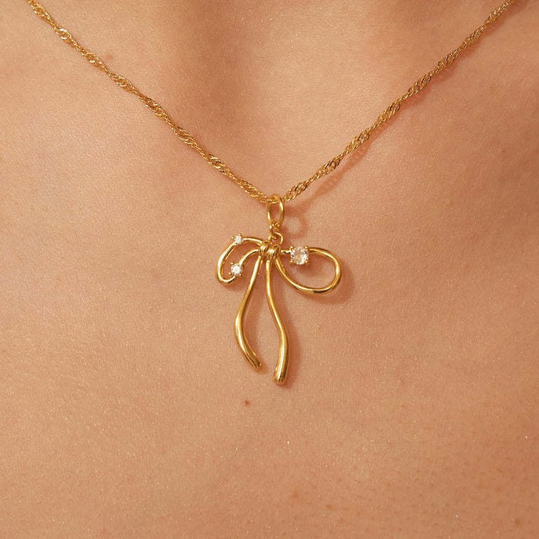 Niche Bone Chain Bow Zircon Sweet Necklace Copper-plated Gold