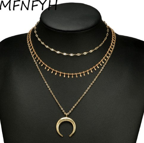 Gargantilla de cadena de capas con colgante de luna, joyería de cadena para niñas y mujeres